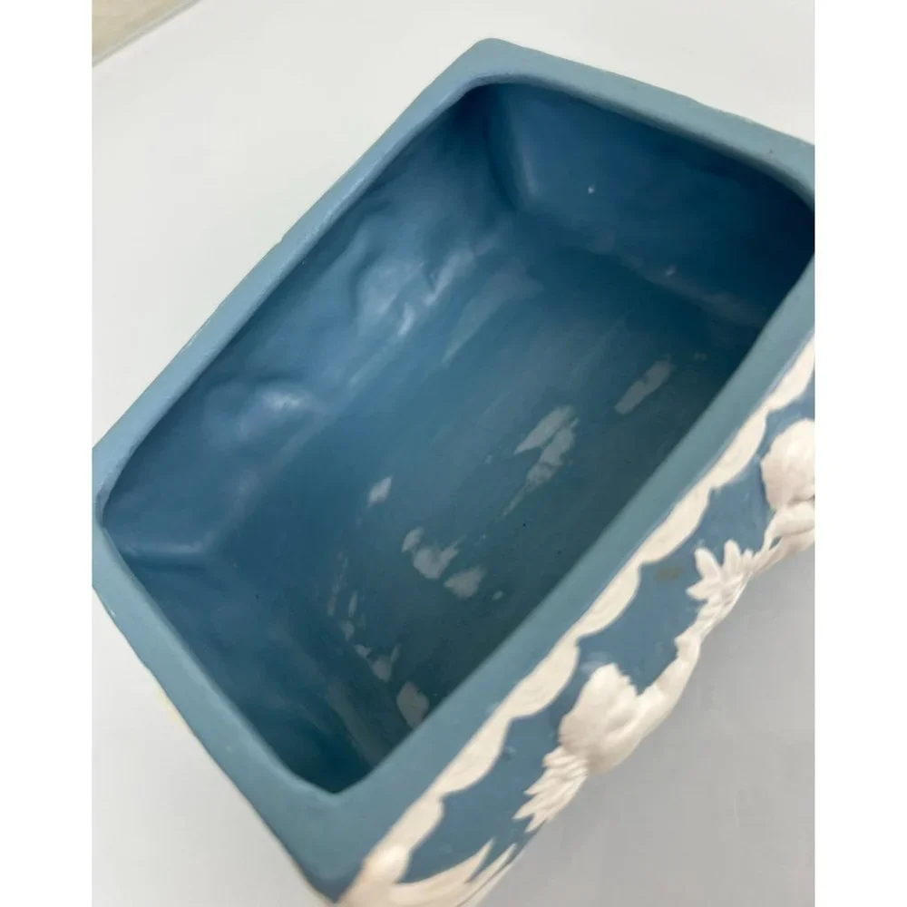 Vintage 1970s Hand Painted Ceramic Lidded Trinket Box Cherubs Angels Blue White